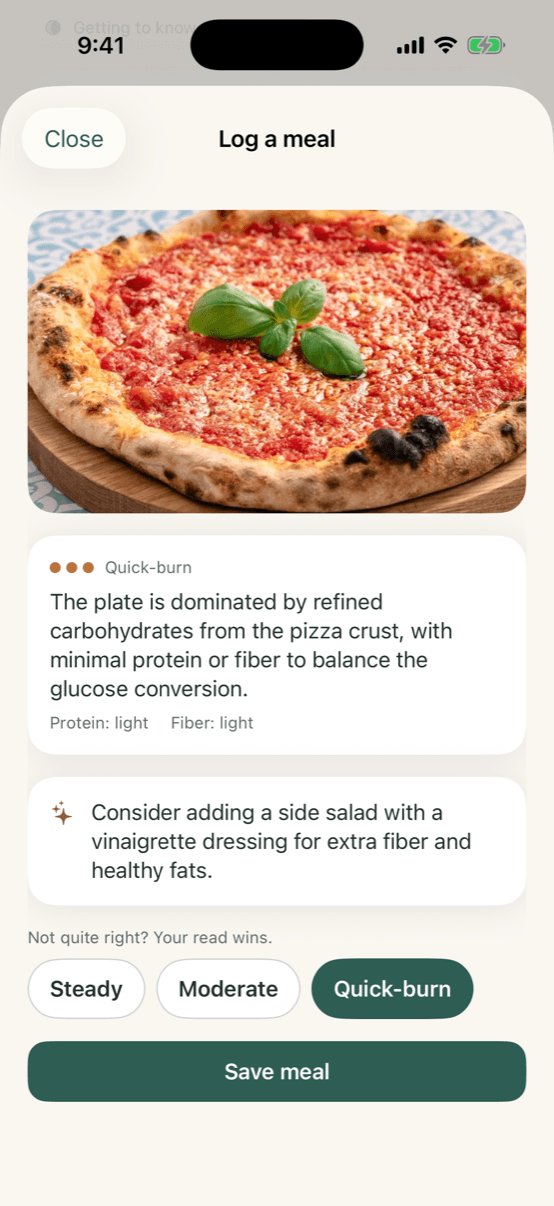 Facet meal log showing a pizza rated Quick-burn with an additive tip and a one-tap correction row