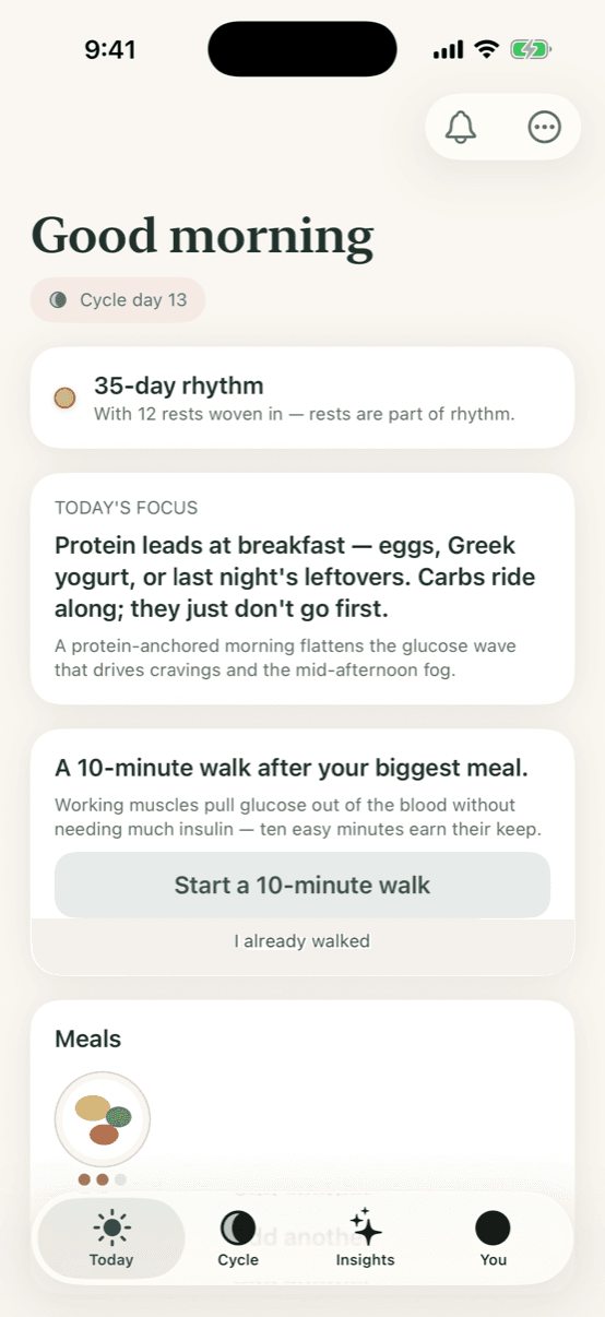 Facet's Today screen on iPhone, showing cycle day 13 and today's focus